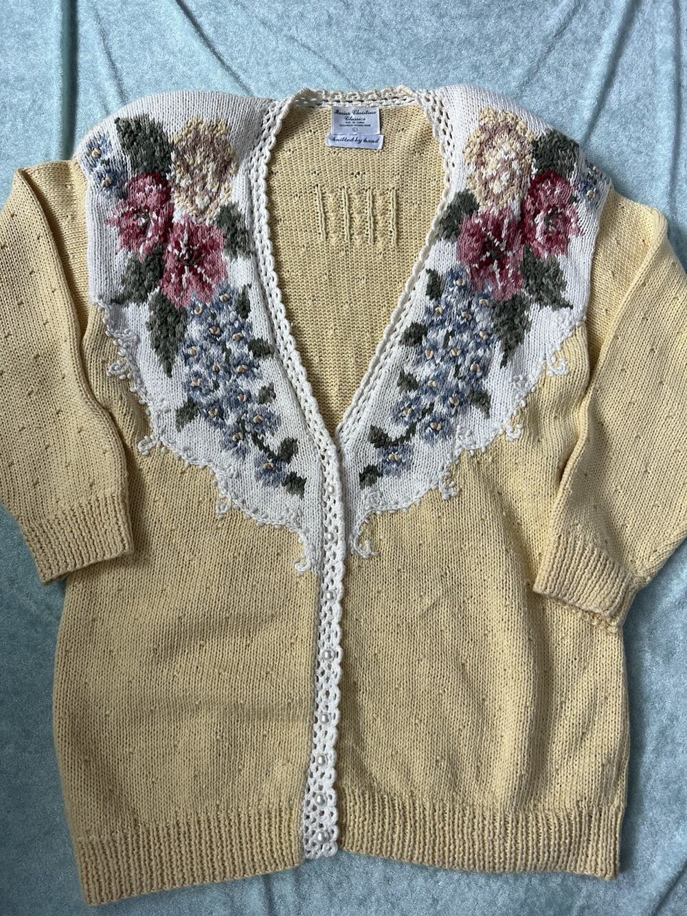 Vintage Maria Christina Classics Hand-Knit Yellow Floral Cardigan Sweater L
